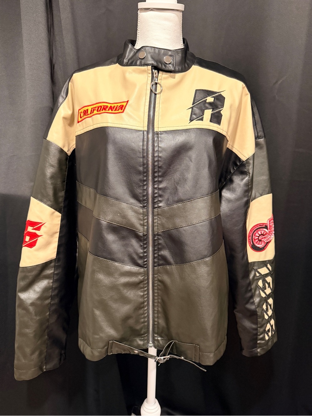 PrettyLittleThing Black and Tan Patchwork Leather Bomber Jacket (0001)